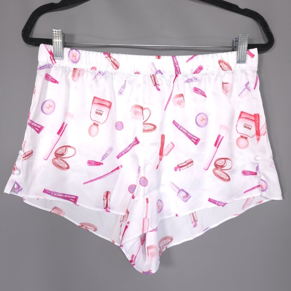 VICTORIA'S SECRET PINK New MEDIUM Pajama Set Satin Cami Shorts Makeup Print Logo - Picture 13 of 16